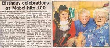 Newspaper cutting of a birthday celebration for a Springfield Care Home centenarian